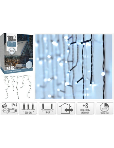 Lampki choinkowe kurtyna świetlna zew 180 led sterownik timer zimny biały kabel transparentny