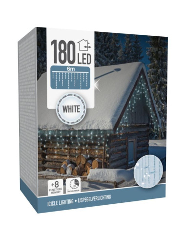 Lampki choinkowe kurtyna świetlna zew 180 led sterownik timer zimny biały kabel transparentny