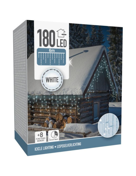 Lampki choinkowe kurtyna świetlna zew 180 led sterownik timer zimny biały kabel transparentny