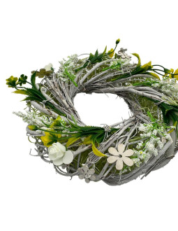 Wianek stroik dekoracyjny biało -zielony z różyczkami średnica 24cm 2
