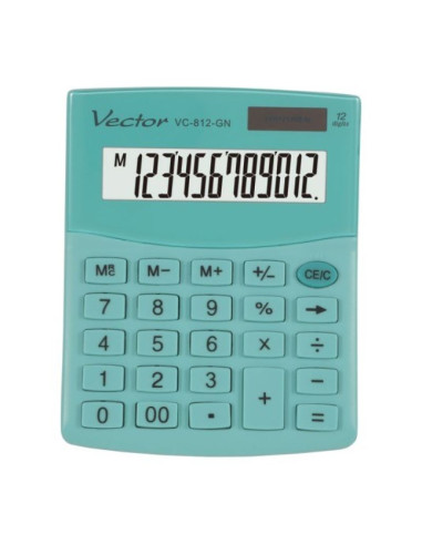 Vector kalkulator biurowy szkolny, kav vc-812 gn zielony, miętowy, zasilanie bateria / energia słoneczna, solarny