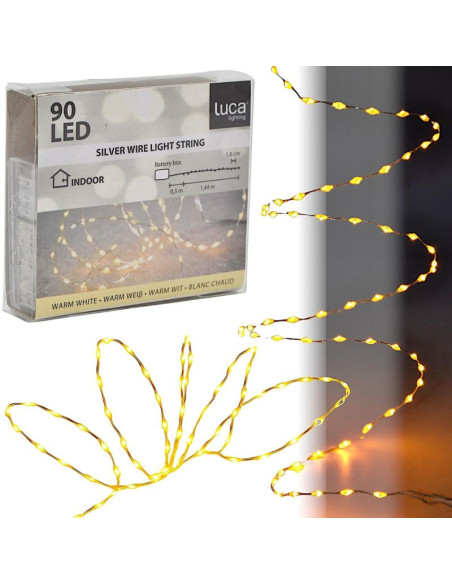 Lampki druciki na baterie girlanda 90 led ciepły biały flash luca