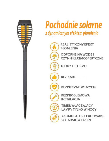 Pochodnia lampa solarna tańczące płomyki 12 led smd 7,5x7,5x46,5cm szara