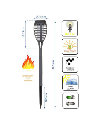 Pochodnia lampa solarna tańczące płomyki 12 led smd 7,5x7,5x46,5cm szara