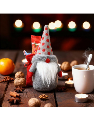Mikołajek dekoracyjny z workiem na prezent 20cm szary