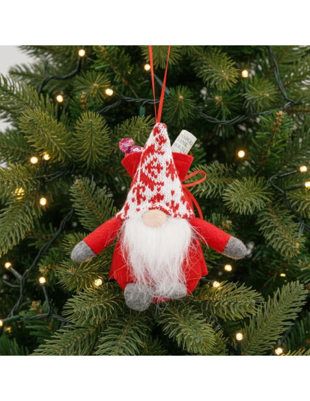 Mikołajek dekoracyjny z workiem na prezent 15cm czerwony
