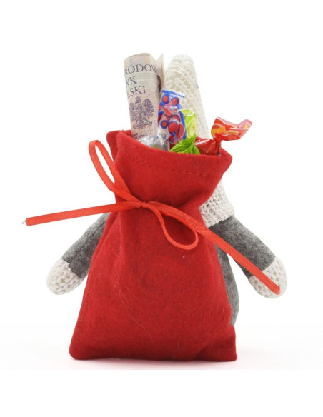 Mikołajek dekoracyjny z workiem na prezent 15cm czerwony