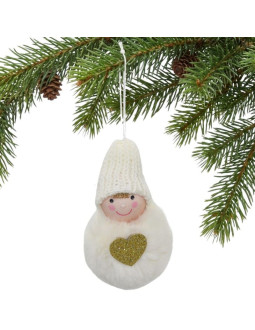 Laleczka dekoracyjna z serduszkiem 8cm w czapce i futerku biała 2