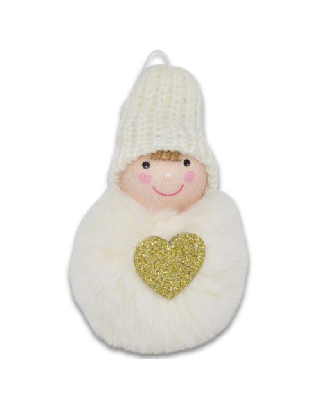 Laleczka dekoracyjna z serduszkiem 8cm w czapce i futerku biała