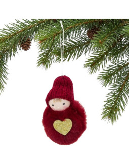 Laleczka dekoracyjna z serduszkiem 8cm w czapce i futerku czerwona 2