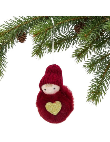 Laleczka dekoracyjna z serduszkiem 8cm w czapce i futerku czerwona