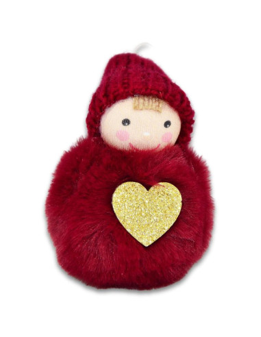 Laleczka dekoracyjna z serduszkiem 8cm w czapce i futerku czerwona