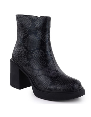 Skórzane botki damskie na słupku wężowe czarne goe  ss2n4152