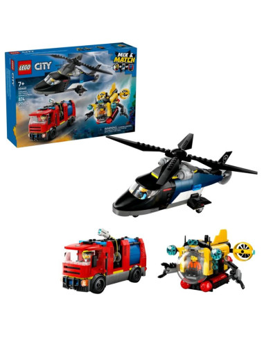 Lego city 60462 zestaw z helikopterem, wozem strażackim i łodzią podwodną