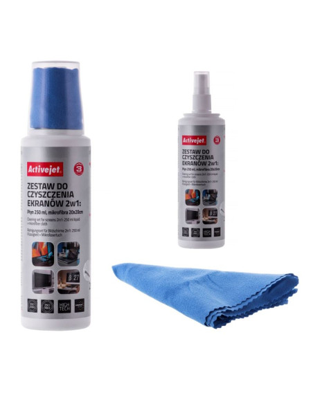 Activejet aoc-269 zestaw do czyszczenia ekranów 2w1 250 ml., 20x20 cm