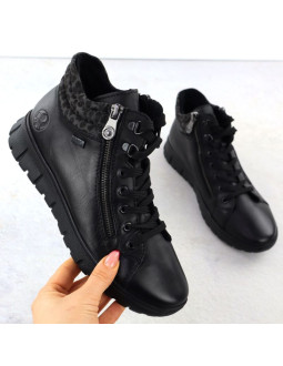 Skórzane wodoodporne botki damskie na podwyższeniu czarne rieker n1305-00 2