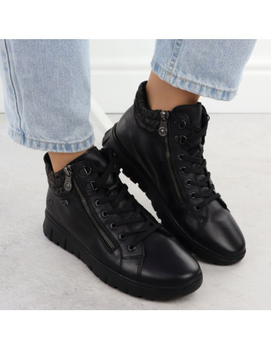 Skórzane wodoodporne botki damskie na podwyższeniu czarne rieker n1305-00