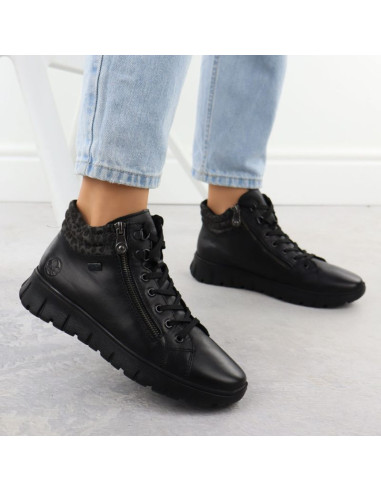 Skórzane wodoodporne botki damskie na podwyższeniu czarne rieker n1305-00