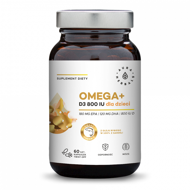 Omega+ dla dzieci (kapsułki twist-off) - Kwasy Omega 3 180 EPA 120 DHA + Witamina D3 800 IU (60 kaps.)