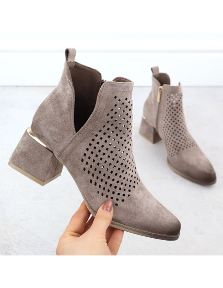 Zamszowe botki damskie na obcasie ażurowe szare potocki sz12356