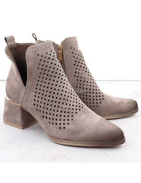 Zamszowe botki damskie na obcasie ażurowe szare potocki sz12356