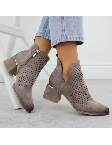 Zamszowe botki damskie na obcasie ażurowe szare potocki sz12356