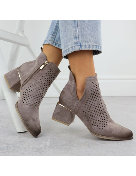 Zamszowe botki damskie na obcasie ażurowe szare potocki sz12356