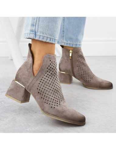 Zamszowe botki damskie na obcasie ażurowe szare potocki sz12356
