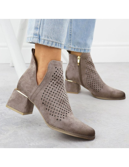 Zamszowe botki damskie na obcasie ażurowe szare potocki sz12356