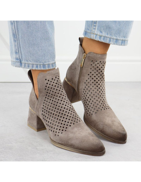 Zamszowe botki damskie na obcasie ażurowe szare potocki sz12356