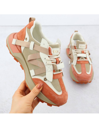 Skórzane sneakersy damskie beżowo pomarańczowe goe rr2n4064