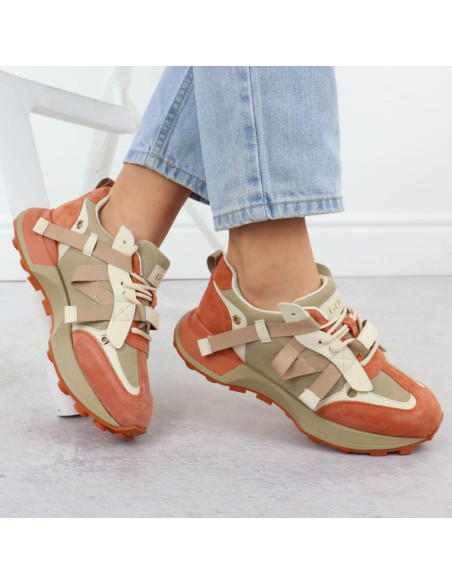 Skórzane sneakersy damskie beżowo pomarańczowe goe rr2n4064