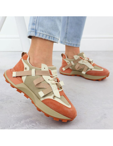 Skórzane sneakersy damskie beżowo pomarańczowe goe rr2n4064