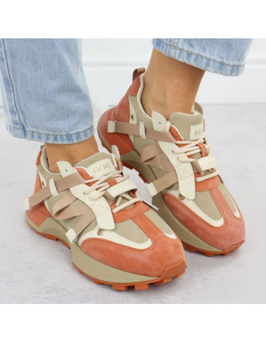 Skórzane sneakersy damskie beżowo pomarańczowe goe rr2n4064