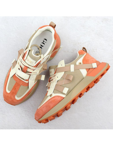 Skórzane sneakersy damskie beżowo pomarańczowe goe rr2n4064