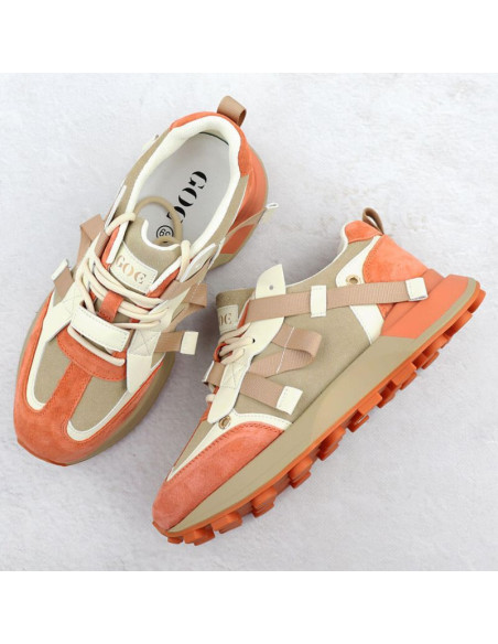 Skórzane sneakersy damskie beżowo pomarańczowe goe rr2n4064