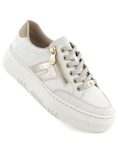 Skórzane półbuty damskie sneakersy na platformie beżowe rieker m1912-80