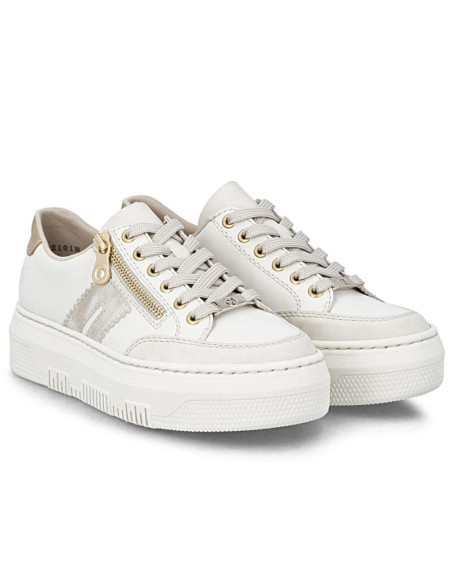 Skórzane półbuty damskie sneakersy na platformie beżowe rieker m1912-80