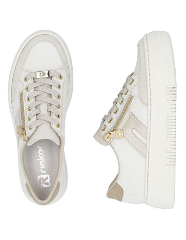 Skórzane półbuty damskie sneakersy na platformie beżowe rieker m1912-80