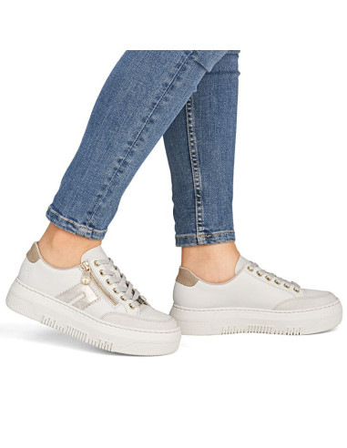 Skórzane półbuty damskie sneakersy na platformie beżowe rieker m1912-80