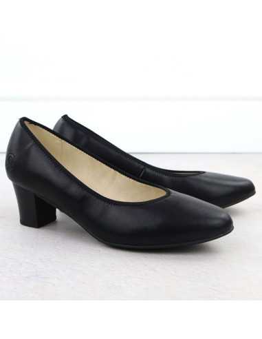 Skórzane czółenka damskie na niskim słupku czarne rieker  44650