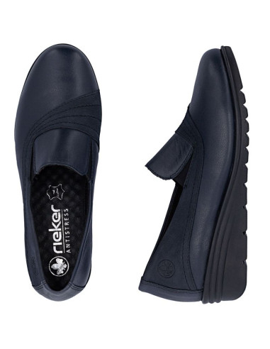 Skórzane półbuty damskie na koturnie granatowe rieker l5356-14