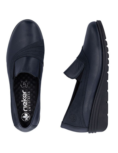 Skórzane półbuty damskie na koturnie granatowe rieker l5356-14