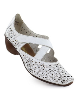 Skórzane półbuty damskie ażurowe na obcasie białe rieker 43773-80