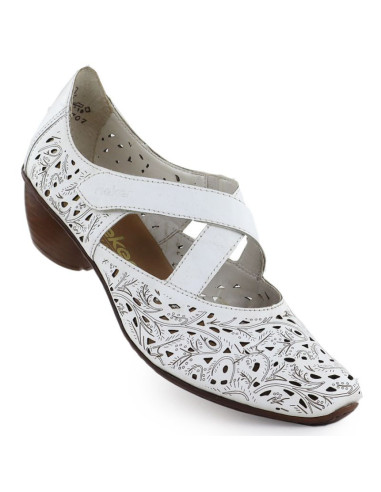 Skórzane półbuty damskie ażurowe na obcasie białe rieker 43773-80