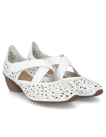 Skórzane półbuty damskie ażurowe na obcasie białe rieker 43773-80