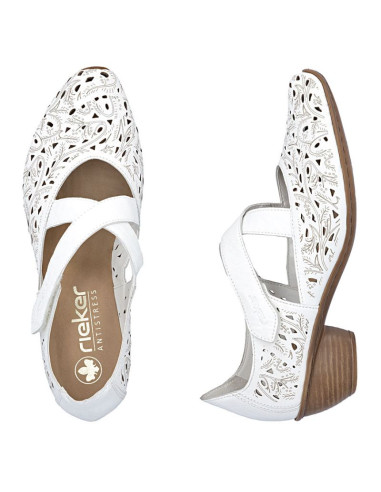 Skórzane półbuty damskie ażurowe na obcasie białe rieker 43773-80