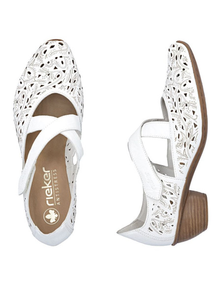 Skórzane półbuty damskie ażurowe na obcasie białe rieker 43773-80