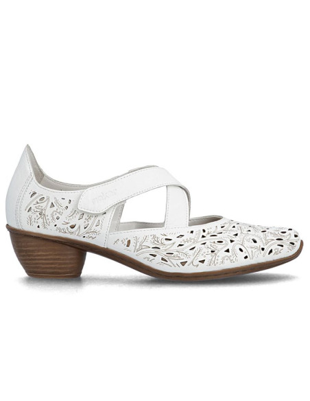 Skórzane półbuty damskie ażurowe na obcasie białe rieker 43773-80