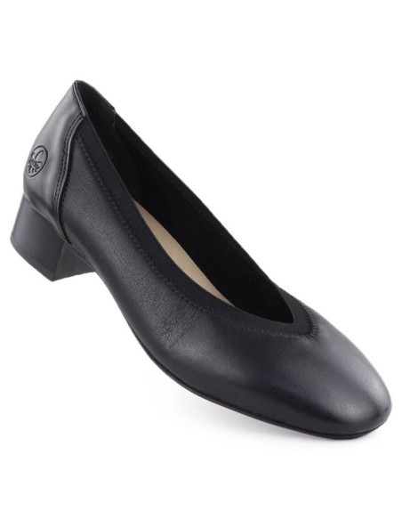 Skórzane czółenka damskie na niskim obcasie czarne rieker 43452-00